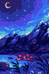 A pixel art landscape of some mountains at night viewing a lit up city, the sky is dotted with stars and a crescent moon is clearly visible in the top left.